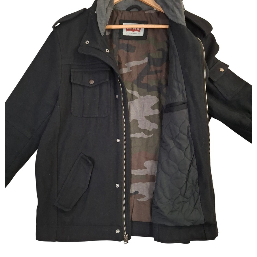 Levis Mens Wool Blend Hooded Military Field Jacket Mens Medium Black Camo Lined